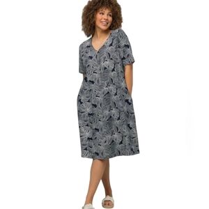 Ulla Popken Midi Dress Women's Blue White V-Neck Shortsleeve Plus Sz 32/34 NWT